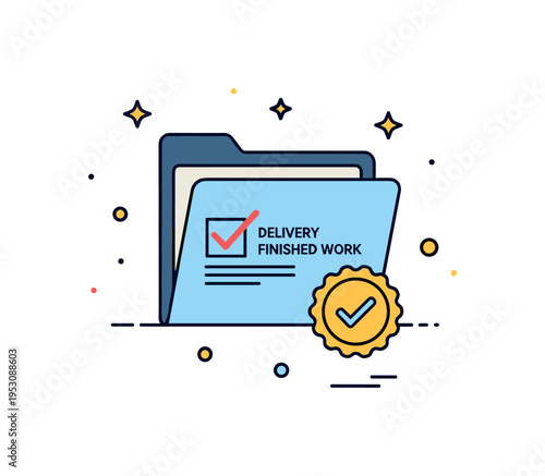 Delivering finished work theme depicted by a sealed document folder with a checkmark badge, symbolizing readiness and professional reliability. The balanced