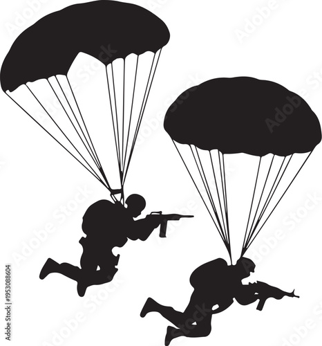 Black silhouettes of two parachuters with guns soldiers