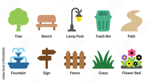 A collection of simple, flat vector icons representing common park elements like a tree, bench, lamp post, trash bin, path, fountain, sign, fence, grass, and flower bed on a white background.