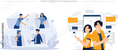 Smart Digital Communication Flat Vector Remote Team Collaboration Messaging Illustration