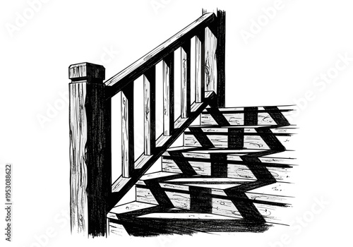 Hand-drawn illustration of wooden stairs with dramatic shadows and a rustic feel