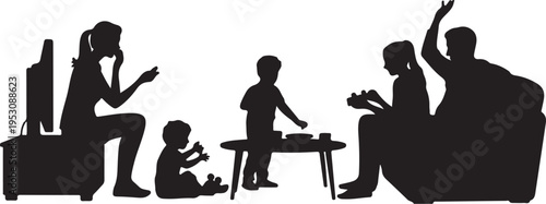 Family members sitting and standing around table with television