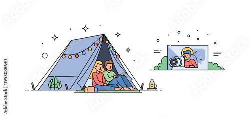 Friends cozying under a tent with string lights, enjoying a movie projected on the tent wall, highlighting creativity, intimacy, and outdoor leisure.