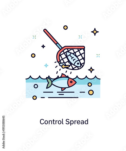 Aquatic invasive species control illustration centered on a simple water surface with a net removing a non native fish icon, symbolizing biodiversity