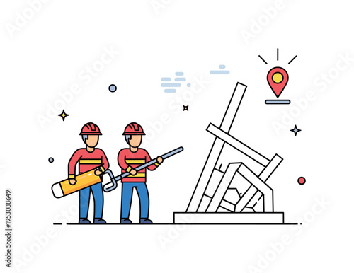 Search and rescue drill illustrated by two responders with helmets near a minimal collapsed structure outline and a small locator signal icon. The composition
