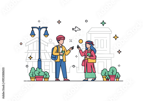A newcomer practicing local customs and fashion in a bustling street, showing immersion, curiosity, and successful cultural adaptation. Minimalist flat vector