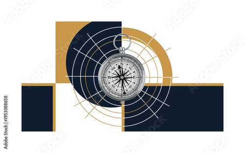 Black and white vintage brass compass viewed from above, detailed retro engraving style, oversized concentric circular halos radiating outward like navigation