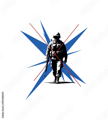 Modern graphic collage of a lone soldier walking forward in monochrome cut-out style, intersected by sharp angular blue shapes and thin diagonal red lines