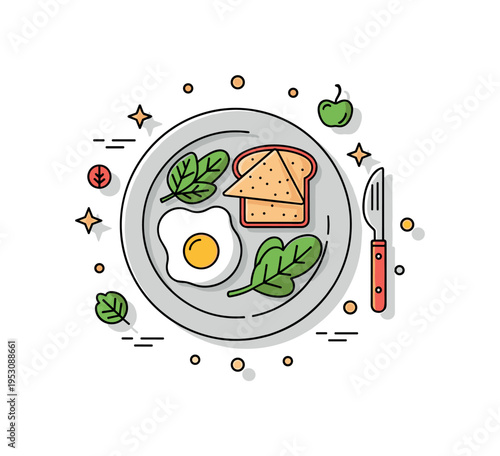 Balanced breakfast plate concept centered on eggs, toast, and greens arranged neatly on a plate, symbolizing nourishment and energy for the day. The
