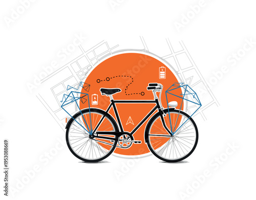 Black and white retro-style bicycle with blue geometric route lines floating above wheels, large orange circle anchoring composition, thin abstract mapping