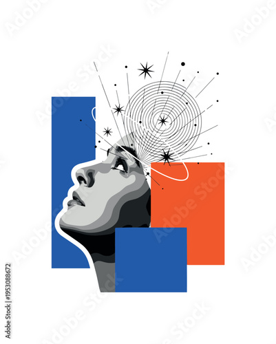 Black and white retro-style human hand holding a smartphone, bright blue transparent geometric interface panels floating above the screen, bold red circle