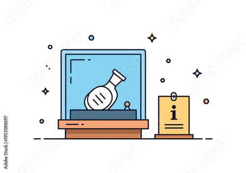 Historical museum visit display case with a simple artifact silhouette inside and a small information plaque icon. A concise micro scene about learning from