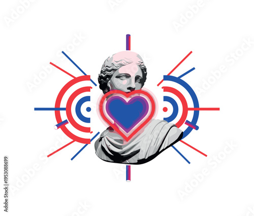 Black and white classical marble bust wearing a VR visor, abstract circular halos and diagonal lines merging ancient and futuristic elements, vivid magenta and