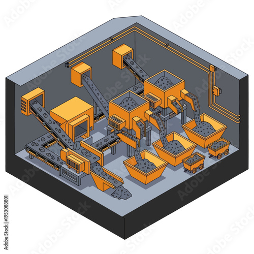 Isometric Coal Processing Plant Illustration with Conveyor Belts and Hoppers.