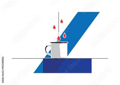 Black and white classic enamel mug on simple table line, bold blue diagonal stripe adding dynamic tension, thin vertical flow line from unseen source, small