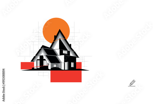 Black and white modern house silhouette fragmented into layered planes, bold orange circle rising behind roofline, thin blueprint grid overlay across entire