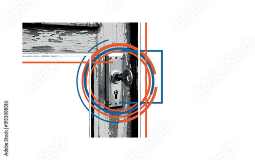 Monochrome old door fragment with a rusty key inserted in the lock, bold abstract circular halos emphasizing unlocking, structured rectangular shapes forming