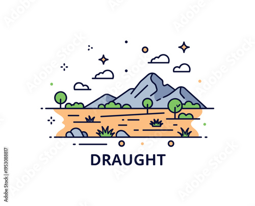 Drought showing a dry landscape with a distant mountain and sparse vegetation, emphasizing arid conditions and environmental hardship. Minimalist flat vector