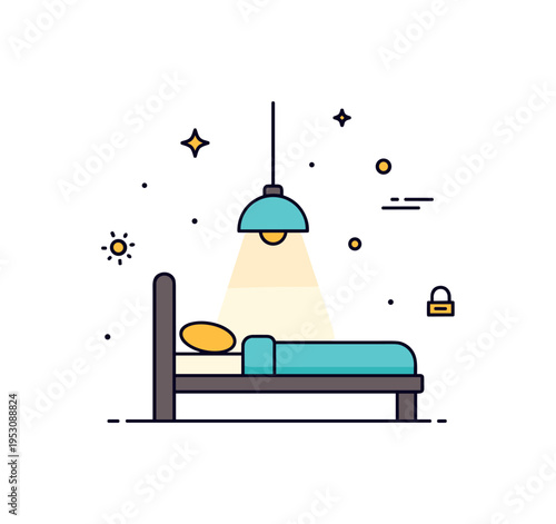 Minimal bedroom interior with warm glow depicted by a simple bed silhouette paired with a hanging pendant light emitting soft illumination,