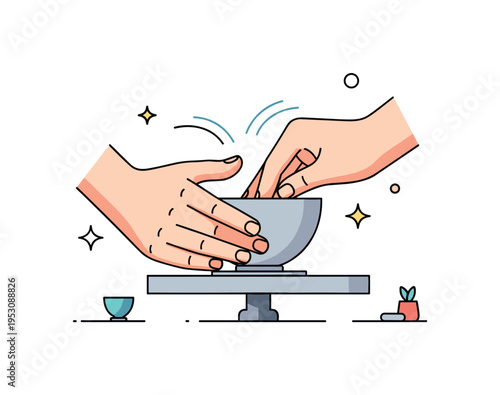 Hands-on ceramic art concept showing fingers pressing and shaping a small clay bowl on a spinning wheel. Subtle motion curves and small sparkle accents convey