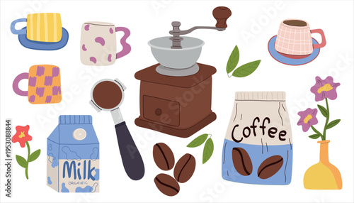 Collection of  Vector coffee set: cups, manual grinder, milk carton, beans, flowers. Cozy flat illustration.