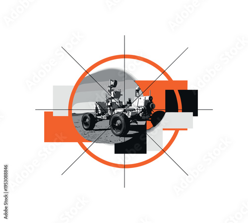 Monochrome moon rover partially cropped and enlarged, layered with bold orange circular frame and intersecting thin black grid lines, abstract blocks creating