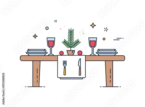 Seasonal table setting simple dining table outline with small pine branch centerpiece and neatly arranged plates. A concise editorial scene about festive