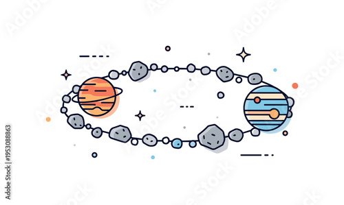 Asteroid belt visualization illustrated by a circular ring of small rock shapes positioned between two simplified planet icons, symbolizing the region between