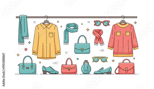 Vintage accessories and clothing displayed together with retro sunglasses, scarves, and shoes, creating a curated and nostalgic boutique vibe. Minimalist flat