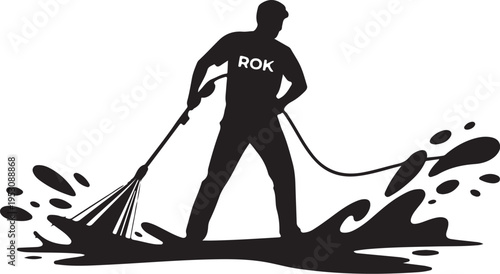 Man cleaning with mop and bucket splashes silhouette