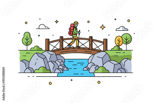 Trail crossing a small wooden bridge over a creek with rocks and greenery on both sides, highlighting hiking, adventure, and natural beauty. Minimalist flat