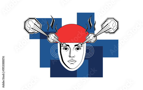 Black and white retro comic-style face with minimal expression and oversized geometric steam clouds, bold red semicircle and deep blue rectangular blocks