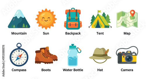 This cheerful collection features flat design icons for camping and adventure, including a mountain, smiling sun, backpack, tent, map, compass, boots, water bottle, hat, and camera.