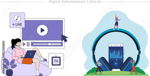 Digital Entertainment Lifestyle Flat Vector Streaming Music Video Consumption Illustration