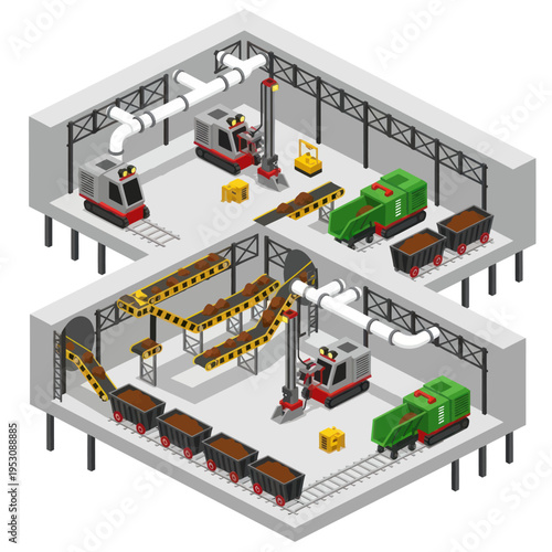Isometric Mining Facility with Trains and Conveyor Belts Illustration.