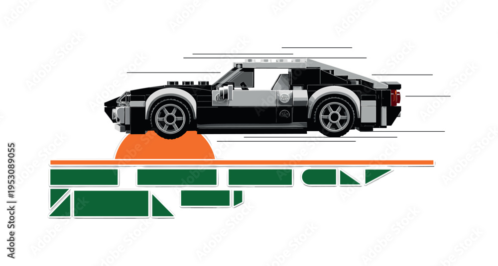 Fototapeta premium Black and white car positioned diagonally as if in motion, bright orange semicircle and dark green geometric blocks forming abstract road, thin parallel