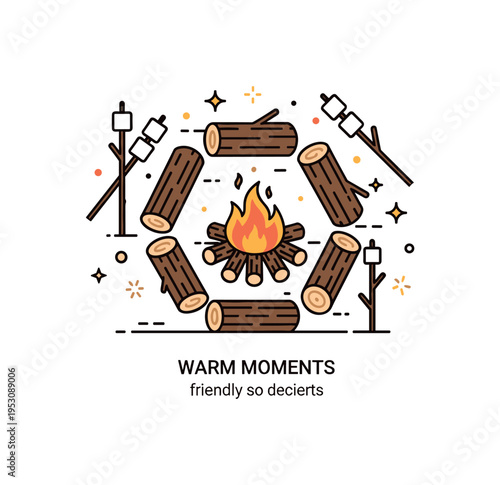 Outdoor autumn bonfire scene centered on a circle of logs with a crackling fire, marshmallows on sticks nearby, and soft glowing accents, expressing seasonal