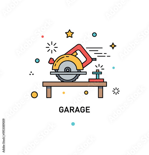Garage woodworking setup centered on a circular saw placed on a simple table surface, with subtle spark accents suggesting motion and energy. The badge