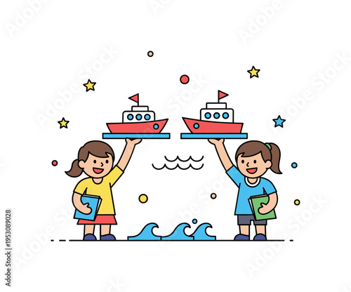 Mini boat building adventure featuring children proudly holding finished toy boats with small wave accents beneath, expressing accomplishment and excitement.
