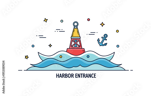 Harbor entrance marker tall buoy form centered between symmetrical wave curves and a subtle anchor icon accent. A clean concept badge about arrival points and