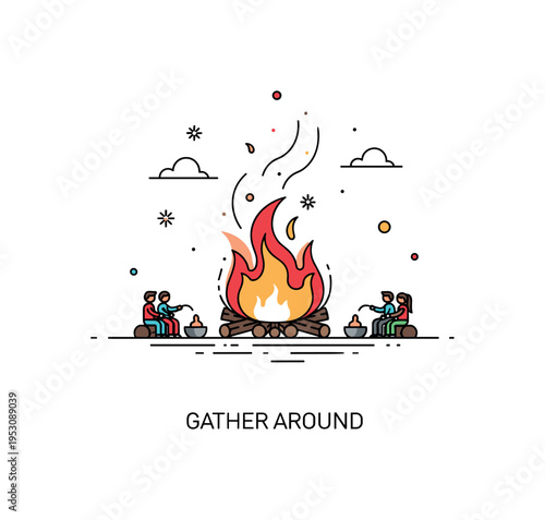 Bonfire night scene centered on a large glowing fire with sparks rising into the night sky and small silhouettes of people gathered around, expressing warmth,