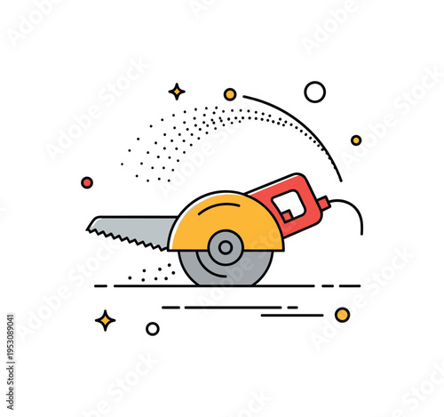 Construction cutting process power tool partially visible with fine sawdust particles dispersing in a controlled arc, symbolizing precision and industrial
