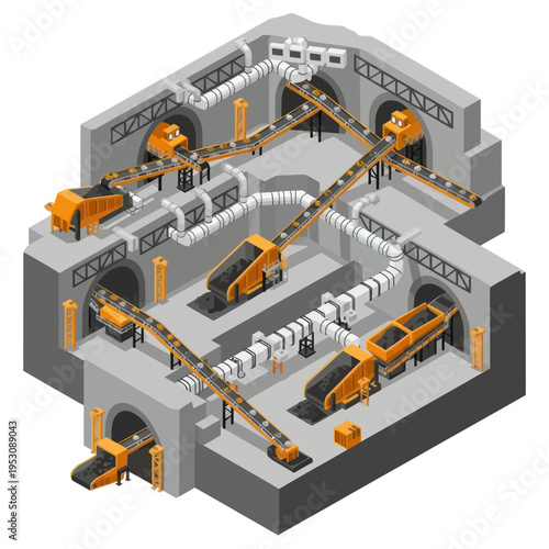 Isometric Underground Mining Operation with Conveyor Belts and Machinery.