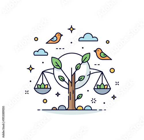 Ecosystem regeneration project concept centered on a growing tree with subtle bird and leaf accents, symbolizing biodiversity revival and natural harmony. The