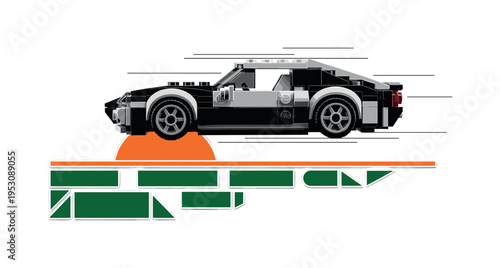 Black and white LEGO car positioned diagonally as if in motion, bright orange semicircle and dark green geometric blocks forming abstract road, thin parallel