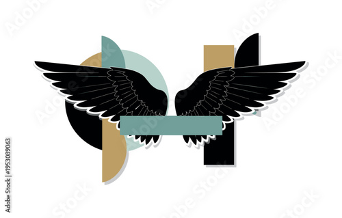 A monochrome pair of folded angel wings viewed from the back, intersected by bold semicircles and flat geometric blocks symbolizing protection, balanced