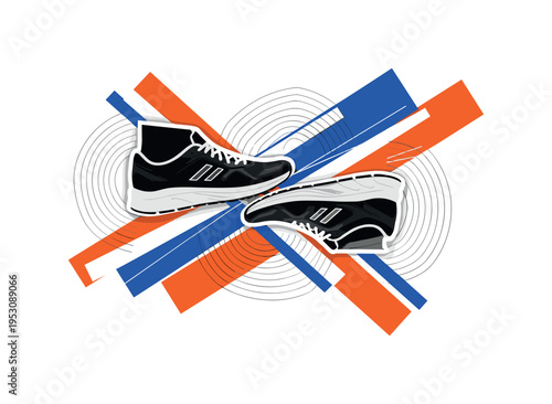 Black and white running shoes in motion, intersected by abstract semicircles representing energy waves, flat rectangular color accents creating dynamic