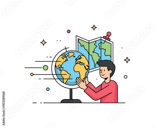 Interactive geography lesson simplified student silhouette spinning a globe with subtle motion lines and a pinned map behind. A modern visual metaphor for