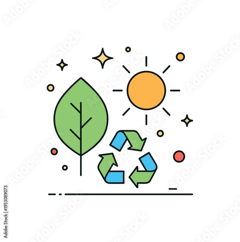 Sustainable product launch label elegant badge combining leaf, sun, and recycle icon in a balanced geometric layout, representing harmony between innovation