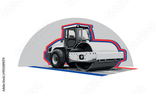 Black and white road roller compressing a surface, oversized semicircle backdrop suggesting grounded stability, vivid red and deep blue flat geometric accents